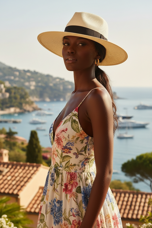 A woman wearing a straw sun hat with a black band and a cream floral spaghetti-strap dress stands outdoors with a coastal town and harbor in the background.