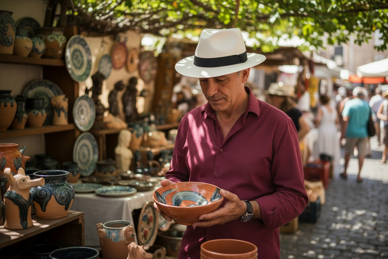 Man holding a ceramic bowl at an outdoor market stall with various pottery and people in the background.