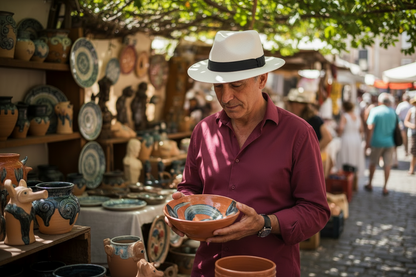 Man holding a ceramic bowl at an outdoor market stall with various pottery and people in the background.