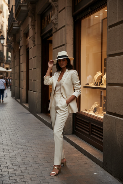 A woman posing on a city street in a chic, tailored cream-colored two-piece suit with a matching fedora hat and metallic sandals.