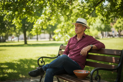 A man sitting on a wooden park bench wearing a white fedora hat, a maroon button-down shirt, and blue jeans, with a cigar in his mouth and a bowl in front of him.