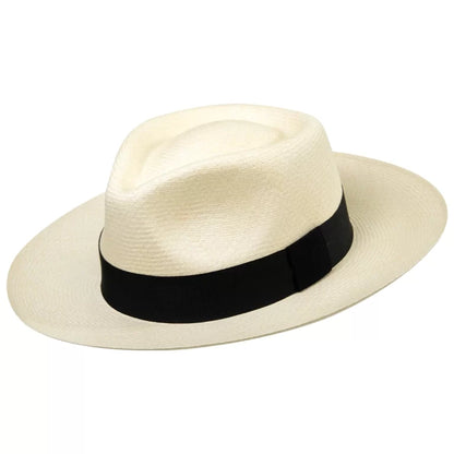 Beige straw hat with a black band on a white background