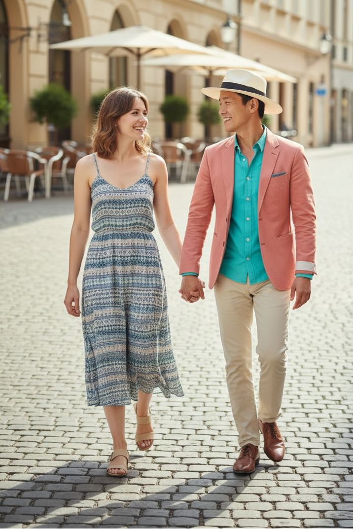 A man and a woman walking hand-in-hand down a cobblestone street. The woman wears a blue and white patterned midi dress, and the man wears a coral pink blazer over a turquoise shirt, beige trousers, and a straw hat.