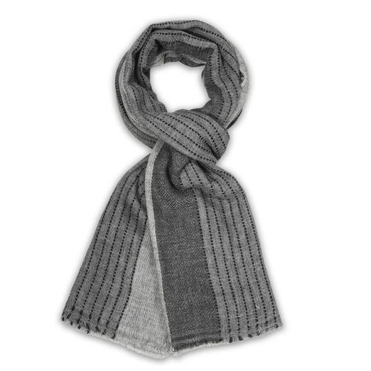 A gray knit scarf with vertical dotted stripes and a lighter gray solid panel, styled in a loop on a white background.