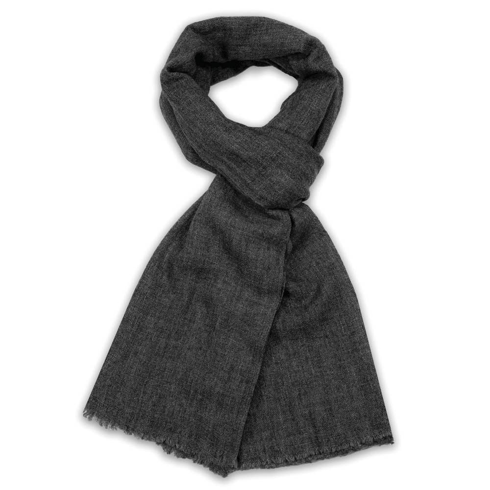 A dark gray woven scarf with frayed edges, styled in a looped knot on a plain white background.
