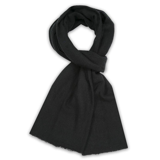 A solid black scarf, knotted and draped to show its soft texture and lightweight edges, set against a plain white background.