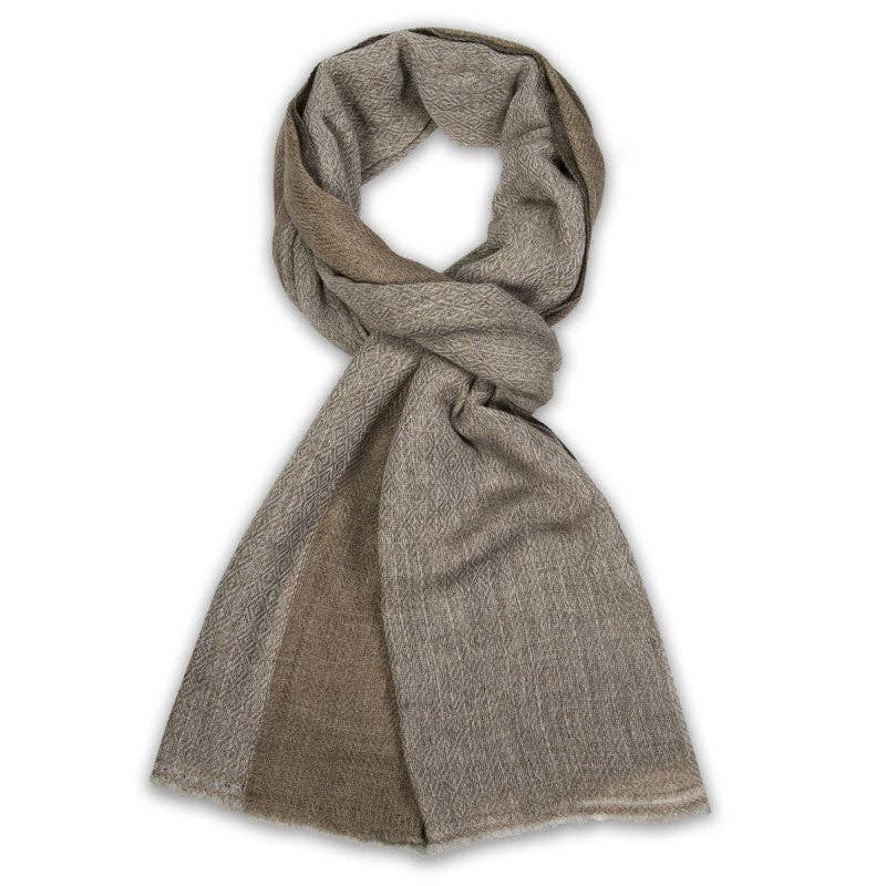 A lightweight woven scarf in a heathered pecan-latte color, styled in a loop knot on a plain white background.