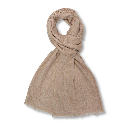 A light beige scarf with a soft, textured weave, styled in a looped knot on a clean white background.