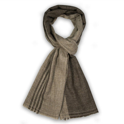 A textured scarf in a mix of taupe and coffee styled in a loop with one end hanging down, set against a plain white background.
