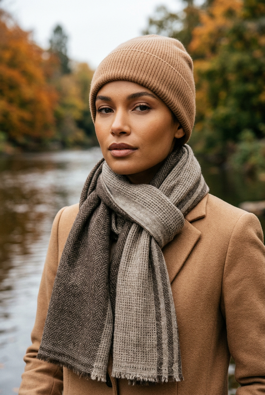 Nepali Handmade Cashmere Scarf - Coffee & Taupe