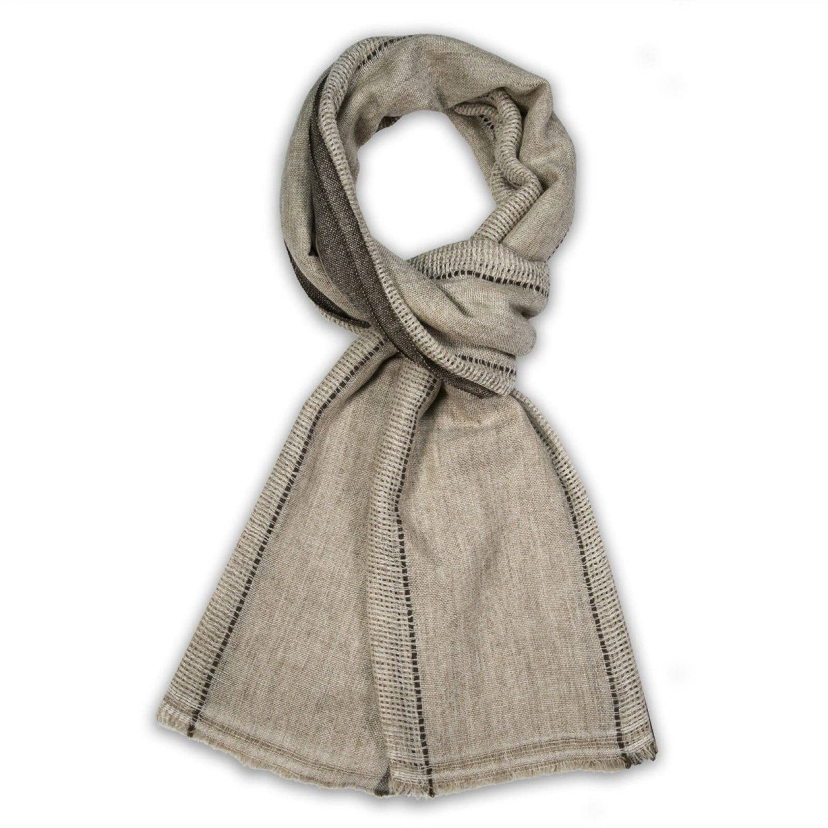 A khaki knit scarf with black dotted stripe accents, styled in a loop on a white background.