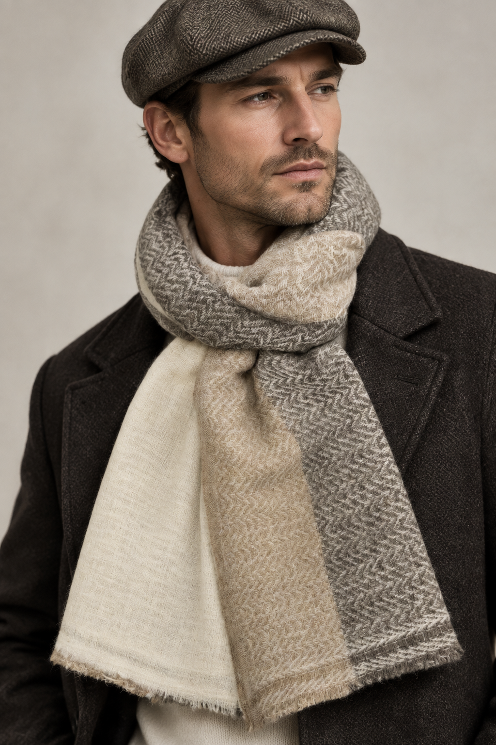 A man wearing a brown tweed flat cap and a thick, multi-colored herringbone scarf in beige, gray, and cream, paired with a dark brown coat against a neutral gray background.