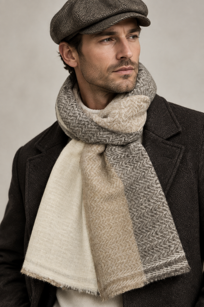 A man wearing a brown tweed flat cap and a thick, multi-colored herringbone scarf in beige, gray, and cream, paired with a dark brown coat against a neutral gray background.