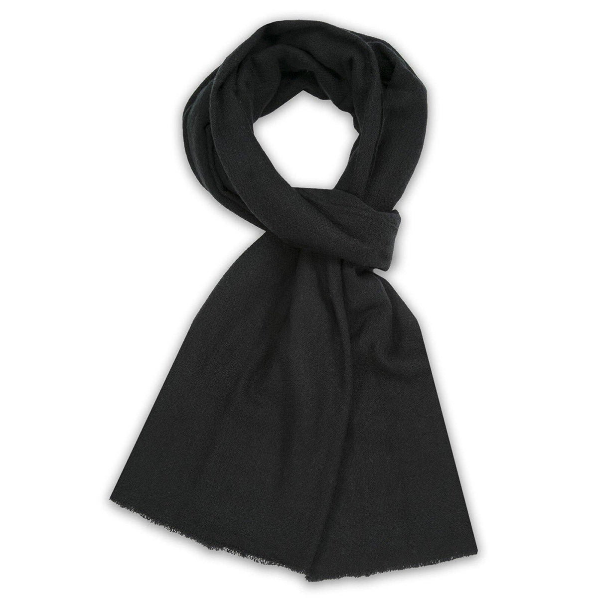 A solid black scarf, knotted and draped to show its soft texture and lightweight edges, set against a plain white background.