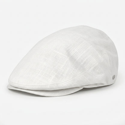 A white flat cap with a stitched crown, photographed against a seamless white background.