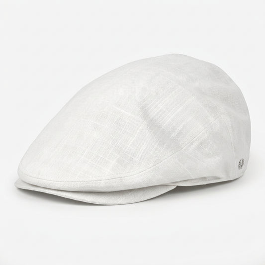 A white flat cap with a stitched crown, photographed against a seamless white background.