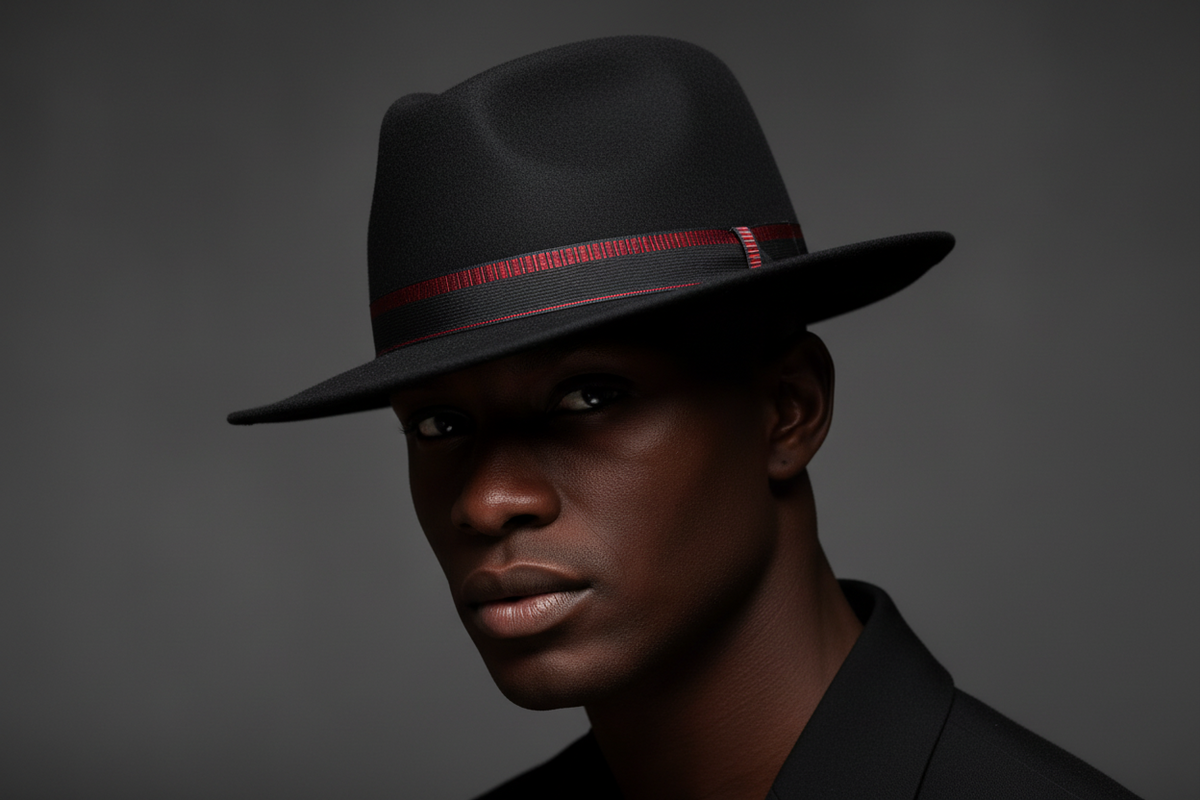 Man wearing a black fedora with a red band against a dark background