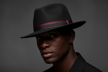 Man wearing a black fedora with a red band against a dark background
