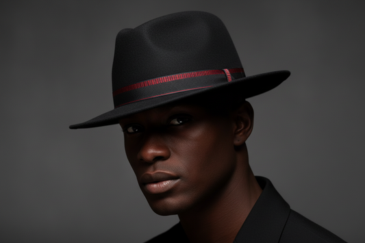 Man wearing a black fedora with a red band against a dark background