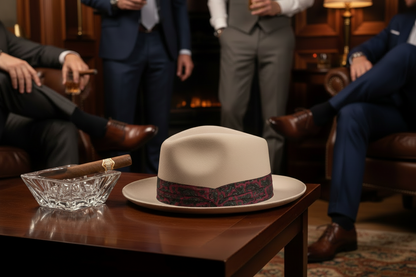 White hat with a band on a wooden table, surrounded by people in formal attire.