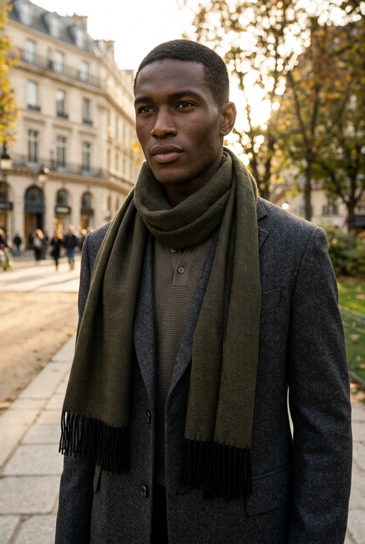 A dark brown woven scarf with fringed ends, draped in a loose loop on a white faux fur background.