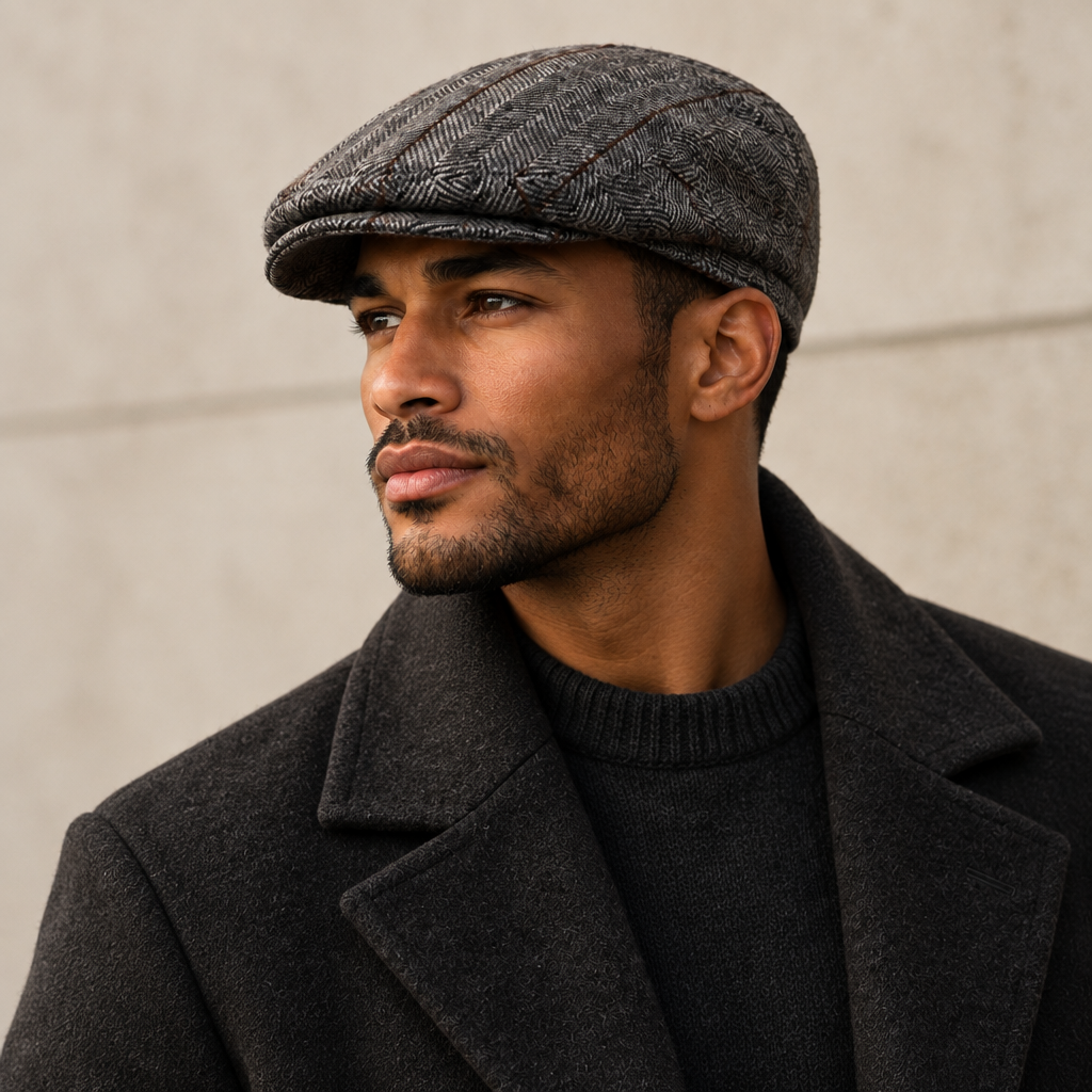 Grey Herringbone Wool Newsboy Cap by Hologramme Paris