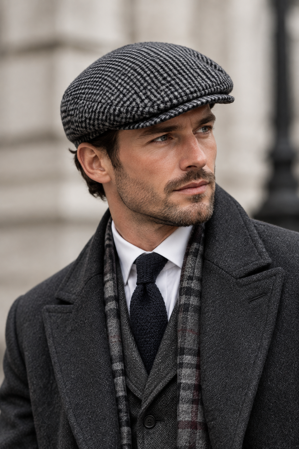 Grey Houndstooth Wool Newsboy Cap by Hologramme Paris