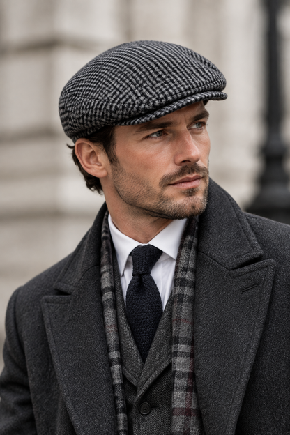 Grey Houndstooth Wool Newsboy Cap by Hologramme Paris