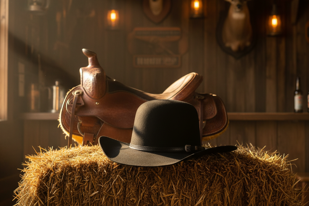 Cowboy hat and saddle on a hay bale in a rustic setting