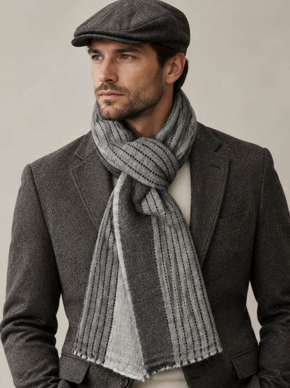 A man wearing a gray flat cap, a striped gray and white knit scarf, and a textured gray blazer over a white sweater, photographed against a plain light gray studio background.