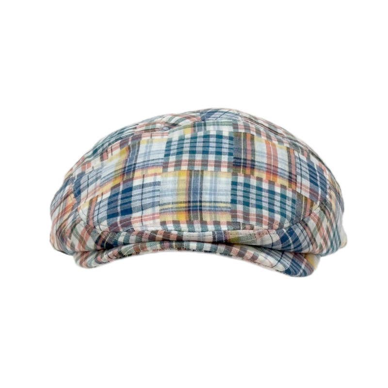 A plaid flat cap in a multicolor pattern of blue, red, yellow, and white, shown against a plain white background.