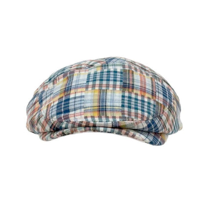 A plaid flat cap in a multicolor pattern of blue, red, yellow, and white, shown against a plain white background.