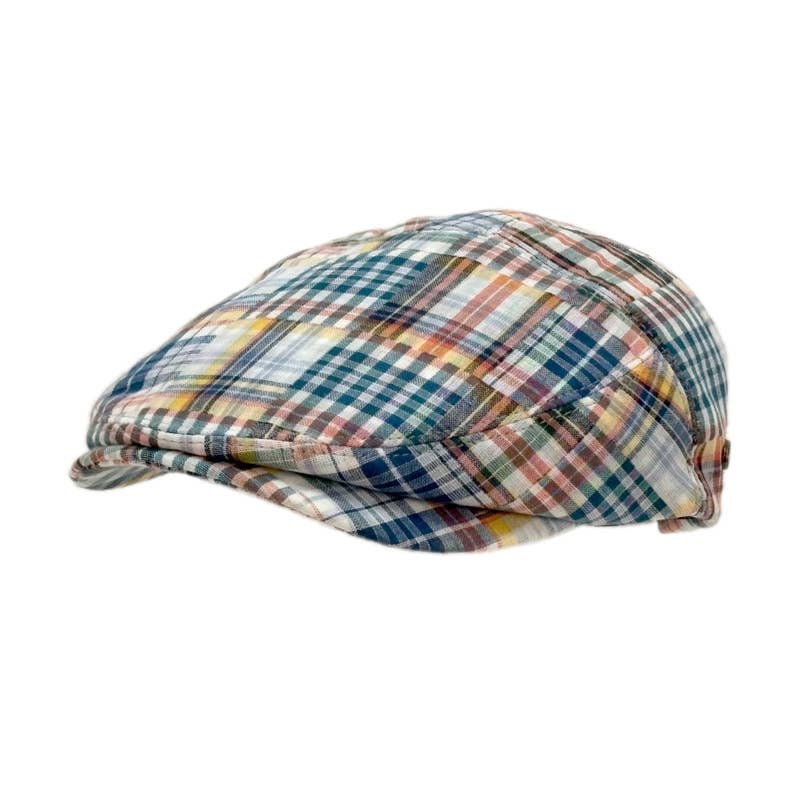 A vintage-style flat cap with a multicolor plaid pattern featuring blue, green, yellow, orange, and red lines on a light background, shown against a plain white background.