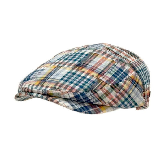 A vintage-style flat cap with a multicolor plaid pattern featuring blue, green, yellow, orange, and red lines on a light background, shown against a plain white background.