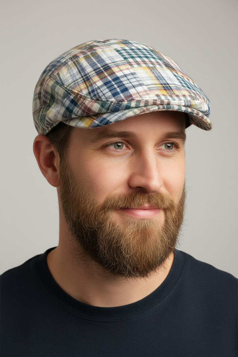 A man with a brown beard wearing a blue, beige, and white plaid flat cap, photographed against a solid light gray background.