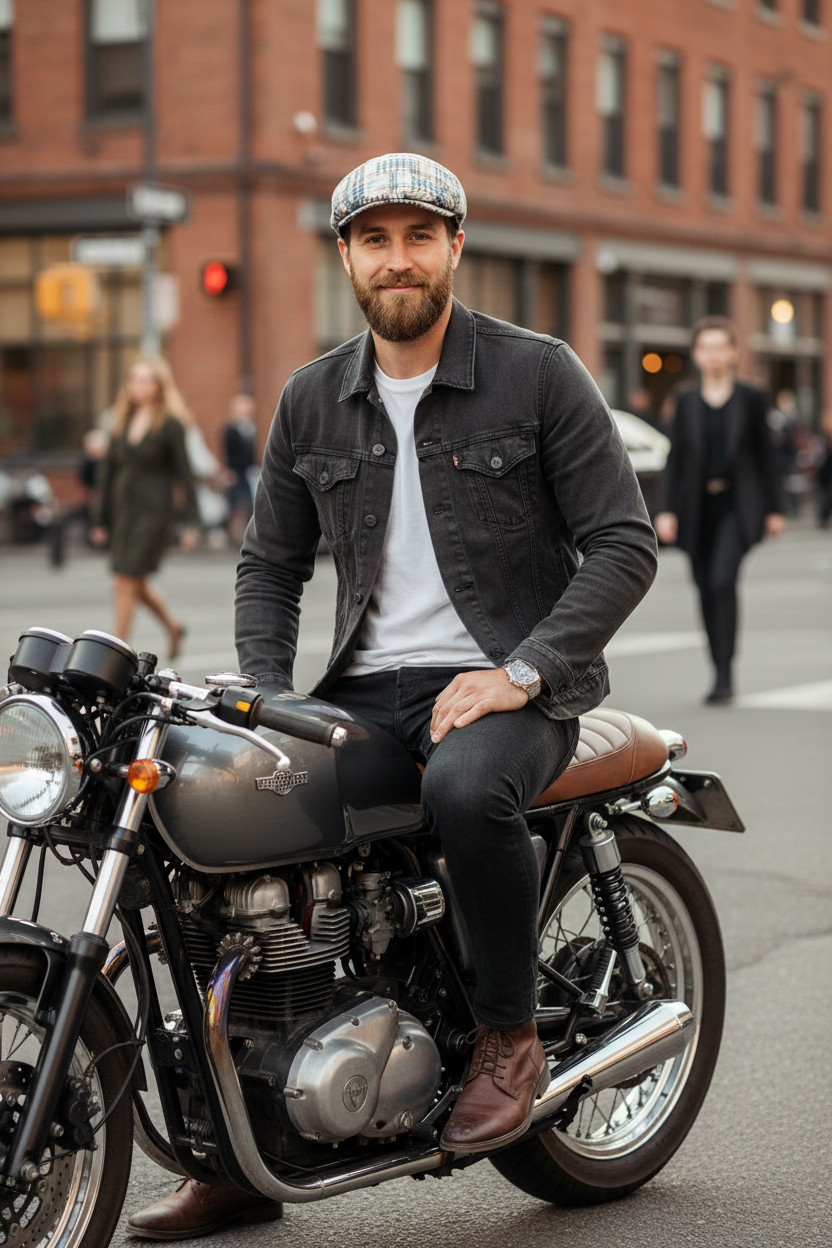 A man wearing a black denim jacket, black jeans, a white t-shirt, and a plaid flat cap sits on a black cruiser motorcycle on a city street.