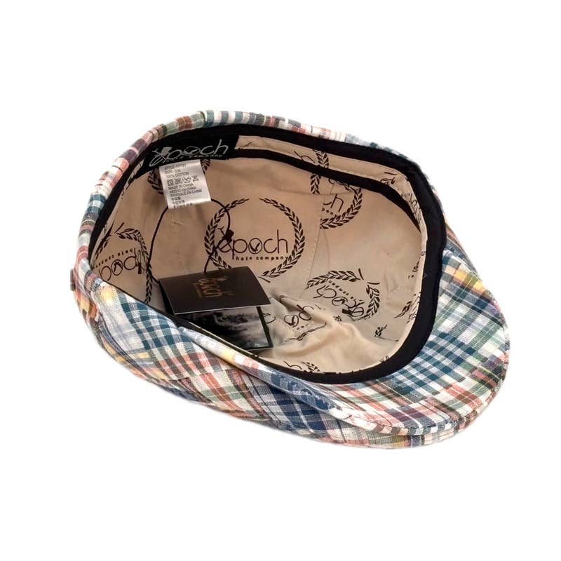 A vintage-style flat cap with a multicolor plaid pattern on the exterior and a beige interior printed with the Epoch brand name, shown on a white background.
