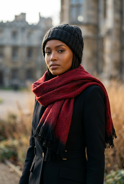 A folded knit scarf in deep red with a black ombre gradient and fringed edges, displayed on a white faux fur background.