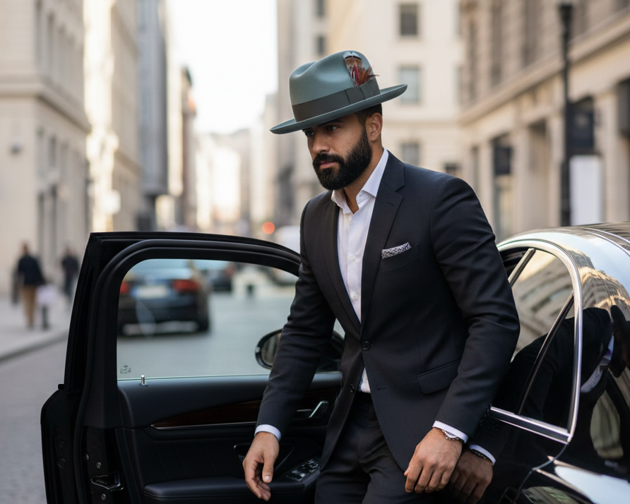Man in a suit and hat exiting a black limousine on a city street.